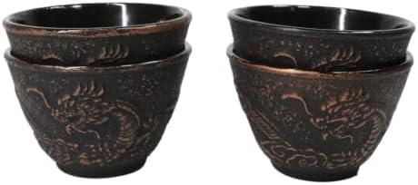Ebros Gift Pack Of 4 Japanese Traditional Tetsubin Style Textured Surface Cast Iron Tea Cups Teacups Drinkware Tea Service Far East Decorative Accent (Bronze Oriental Dragon) - Image 2