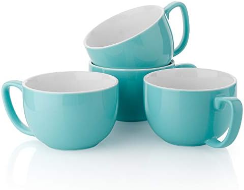 Teocera Turquoise Coffee Mugs Set of 4, 16 oz Ceramic Coffee Mug, Large Mug Set with Handle for Cold or Hot Drinks like Cocoa, Milk, Latte, Fruit Cereal, Long-lasting Porcelain with Modern Design by Teocera