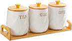 Ceramic Canister Set of 3 for Sugar Coffee Tea with Tray, White Airtight Food Storage Jars with Wood Lids, Kitchen Counter Storage Containers - 23oz by Sowlvenco