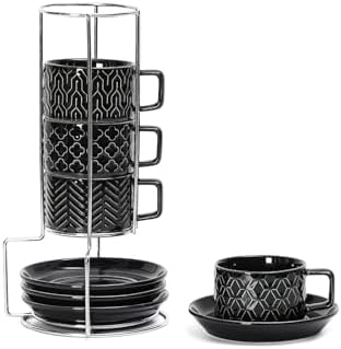 4oz Ceramic Espresso Cups Set of 4, with Stand and Saucers, Black by Sureasy