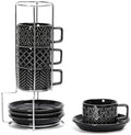 4oz Ceramic Espresso Cups Set of 4, with Stand and Saucers, Black by Sureasy