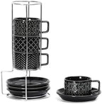4oz Ceramic Espresso Cups Set of 4, with Stand and Saucers, Black by Sureasy