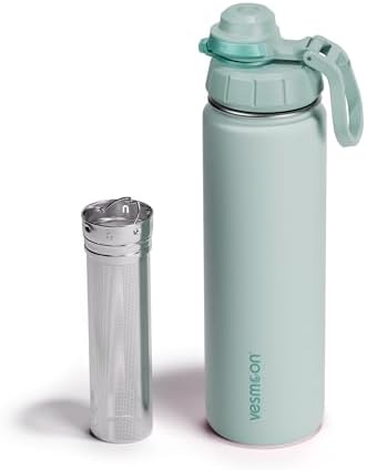 Vesmoon Vessence 24 Oz Stainless Steel Tea Infuser Bottle for Loose Leaf Tea, Water, Herbs, Fruits - Triple Layered Insulated, Leak Proof Bottle with Lid and Clip Handle - 24 Hours Hot/Cold by Vesmoon