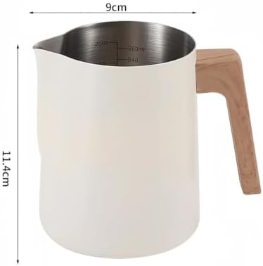 Milk Frother Cup Stainless Steel Coffee Milk Frothing Pitcher Jug Anti-scald Wood Grain Handle 304 Stainless Steel Mug Cup Professional Utensils(600ml Beige) - Image 2