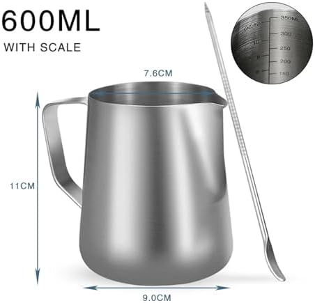 Milk Frother Cup,Coffee Jug,2pcs Milk Frother Jug Stainless Steel Container 100ML 350ML 600ML Frothing Pitcher Coffee Cups Latte Barista Espresso Maker Accessory(600ML With Scale) - Image 2