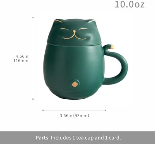 HEER Ceramic Cat Tea Cup 10oz with Infuser and Lid, Green - Image 3