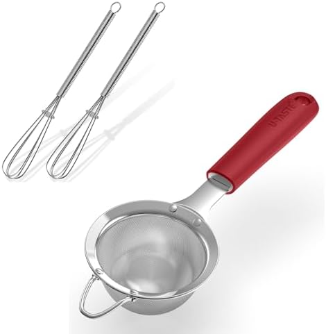 U-Taste 18/8 Stainless Steel 18/8 Stainless Steel 3.35in 30 Mesh Kitchen Food Sieve (Red) and 18/8 Stainless Steel 7" Mini Whisk for Cooking by U-Taste