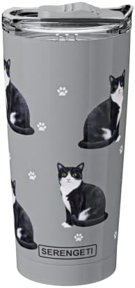 SERENGETI Black And White Cat 20 Oz. Stainless Steel, Vacuum Insulated Tumbler with Spill Proof Lid - 3D Print - Insulated Travel mug for Hot or Cold Drinks (Black And White Cat Tumbler) by ESPETS