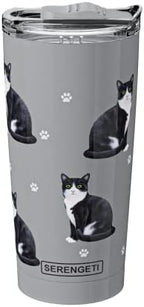 SERENGETI Black And White Cat 20 Oz. Stainless Steel, Vacuum Insulated Tumbler with Spill Proof Lid - 3D Print - Insulated Travel mug for Hot or Cold Drinks (Black And White Cat Tumbler) by ESPETS