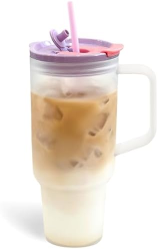 40oz Frosted Plastic Tumbler with Handle and Straw Lid, Reusable Large Iced Coffee Cup Travel Mug for Cold Drinks, Clear Acrylic Tumbler Cup for Smoothies, Tea, Juice, Office & Outdoor Use - Purple by Unknown