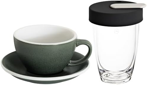 Loveramics Set of 1 x 300ml Latte Art Cup and Saucer (Forest) + Glass Travel Mug (Clear) by LoveramicsUSA