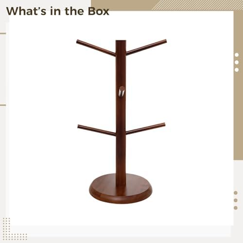 Kitchen Mug Tree, Brown Wood, 6 Hooks, Freestanding Cup Display, Space-Saving Countertop Organizer - Image 3