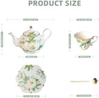 Vintage Porcelain Floral Tea Set — 22oz Teapot + 2 Tea Cup & Saucer Sets + 2 Gold Spoons | Porcelain Teapot and Cup Set, Tea for One/Tea Party Set (Green) - Image 2
