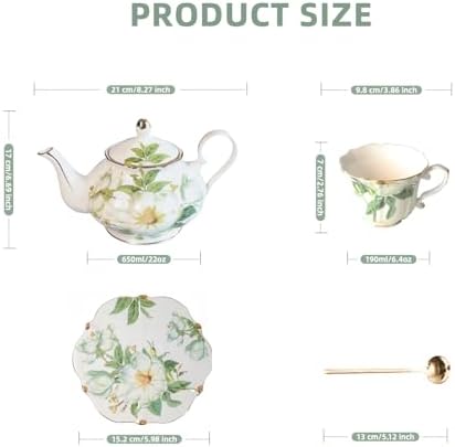Vintage Porcelain Floral Tea Set — 22oz Teapot + 2 Tea Cup & Saucer Sets + 2 Gold Spoons | Porcelain Teapot and Cup Set, Tea for One/Tea Party Set (Green) - Image 2