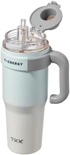 TKK 40 oz Tumblers with Handle and Straw, Ceramic Coating Insulated Bottle 100% Leakproof Travel Mug for Water, Iced Tea or Coffee, Smoothie, Cup Holder Friendly Base, BlueWhite by TKK