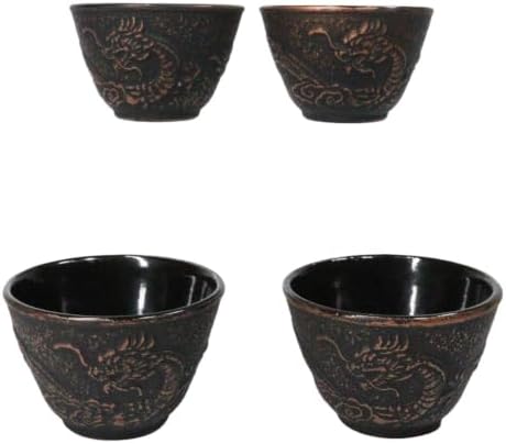 Ebros Gift Pack Of 4 Japanese Traditional Tetsubin Style Textured Surface Cast Iron Tea Cups Teacups Drinkware Tea Service Far East Decorative Accent (Bronze Oriental Dragon) - Image 3