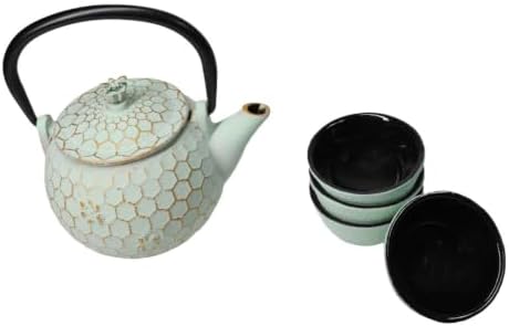 Ebros Gift Traditional Oriental Tetsubin Small Cast Iron 10oz Teapot With Strainer And 4 Mini Tea Cups 1oz Asian Fusion Housewarming Tea Service Drinkware Accent (Mint Green Honeycomb Textured) - Image 4