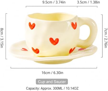 Ceramic Coffee Cup and Saucer Set, 10oz Cute Heart Pattern Tea Cup with Handle, Hand-Painted Porcelain Mug for Latte, Cappuccino, Espresso, Office & Home, Ideal Gift for Women - Image 2