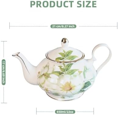 22oz Floral Ceramic Teapot (Suitable for 1 to 3 people) – Vintage Gold Rim Tea Pot for Loose Leaf, Blooming Tea & Coffee, Elegant Teapot for Tea Party, Flower Design (White Camellia) - Image 2