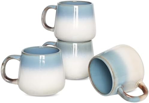 Bosmarlin Ceramic Coffee Mug Set of 4, 17 Oz, Coffee Cups with Big Handle, Wide Bottom, Microwave and Dishwasher Safe (Teal) by Bosmarlin