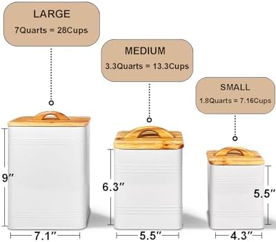 vensovo Kitchen Canister Set of 3 - Large 7 Qt Flour and Sugar Containers Airtight - White Metal Food Storage Jars with Bamboo Lids, Iron Spoon & Erasable Magnetic Labels, Farmhouse Decor for Pantry - Image 5