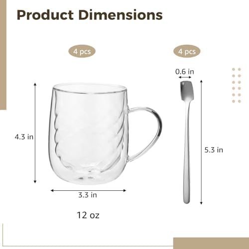4 Pcs Double Walled Glass Coffee Mug Set, 12 oz Insulated Clear Cups with Handle, Spiral Pattern Design Glassware, includes 4 Stainless Steel Spoons, for Latte, Cappuccino, Tea, Hot and Cold Drinks - Image 6
