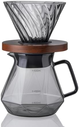 Cafecito Pour Over Coffee Maker Set – 20 oz Glass Carafe with Walnut Base, V60 Dripper & Filters – 5-in-1 Hand Brew Set for Home or Office – Heat-Resistant Borosilicate Glass by CafecitoEspressoCoffee