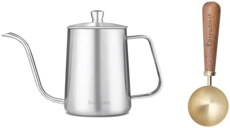 Easyworkz Gage Gooseneck Pour Over Coffee Kettle 12 oz (Silver), Bundled with Easyworkz Retro Stainless Steel Coffee Spoon With Black Walnut Handle,10g - Measuring Spoon (Brushed gold) by Easyworkz