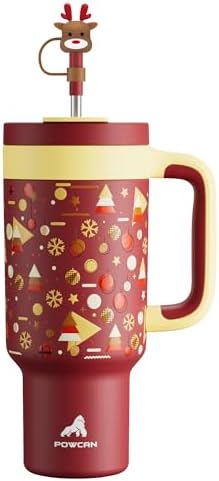 POWCAN 40 oz Christmas Tumbler with Handle, 2-in-1 Straw Lid, Leakproof, Dishwasher Safe, Insulated Stainless Steel Coffee Mug, Keeps Cold for 34 Hours, Fits in Car Cupholder (Holiday Cheers) by POWCAN