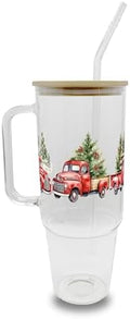 Sip-Sip Hooray! Red Christmas Trucks 40oz Glass Tumbler with Lid and Straw, Holiday Iced Coffee Cup Gift for Women by Sip-SipHooray