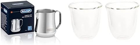 De'Longhi Stainless Steel Milk Frothing Pitcher, 12 ounce (350 ml), Barista Tool, Frother Jug, 12 oz & DeLonghi Double Walled Thermo Espresso Glasses, Set of 2, Regular, Clear by DeLonghi