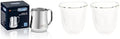 De'Longhi Stainless Steel Milk Frothing Pitcher, 12 ounce (350 ml), Barista Tool, Frother Jug, 12 oz & DeLonghi Double Walled Thermo Espresso Glasses, Set of 2, Regular, Clear by DeLonghi