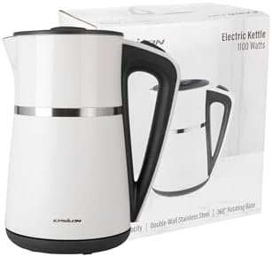 Epsilon Double Wall Electric Kettle 1100W – 1.7L Hot Water Tea Kettle & Hot Water Boiler with Auto Shut-Off, Boil Dry Protection, BPA-Free Stainless Steel Electric Teapot, Fast Boil, Cool Touch Design by Epsilon