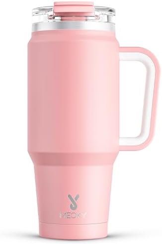 Meoky 32 oz Tumbler with Handle, Insulated Tumbler with Lid and Straw, Stainless Steel Travel Mug, Keeps Cold for 24 Hours, 100% Leak Proof, Fits in Car Cup Holder (Blush) by MEOKY
