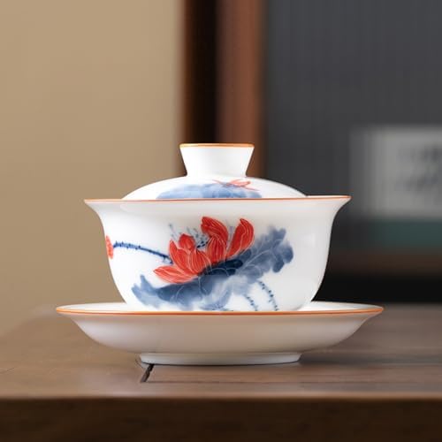 Ceramic Gaiwan Gongfu Tea Set Hand-painted Lotus Tea Cup with Lid Saucer by simeiton