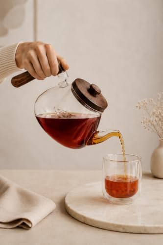 1 Liter Borosilicate Glass Teapot with Acacia Wood Lid and Infuser, Heat Resistant for Loose Leaf Tea and Herbal Brews, refined Kitchenware for Brewing and Serving - Image 2