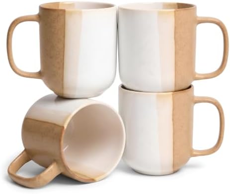 SANGO Phoebe Caramel/White Coffee Mugs Set of 4, 15 oz Stoneware Coffee Mug Set, Big Glossy Ceramic Tea Cup for Cappuccino, Latte, Cocoa, Large Coffee Cups with Handle, Microwave & Dishwasher Safe by Sango