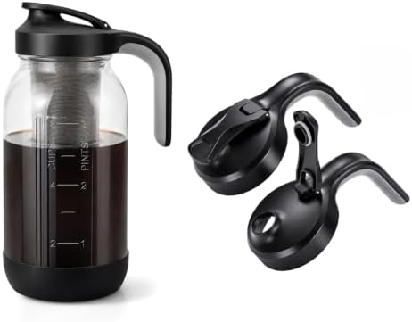 64oz Cold Brew Coffee Maker with 2 Pack Wide Mouth Mason Jar Pour Spout Lid by Cafezi