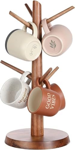 Coffee Mug Tree 6-Hook,Acacia Wood Mug Holder Countertop by Onedeful