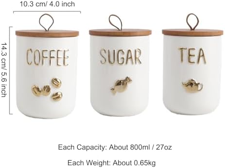 YYW Kitchen Canisters for Countertop, White Airtight Ceramic Canister with Seal Wooden Lid Storage Container for Coffee Bean Ground Coffee Sugar and Tea (Three piece) - Image 2