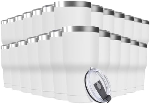 30oz Stainless Steel Travel Mug with Lid, 25 Pack Double Wall Vacuum Insulated Bulk Tumbler, Powder Coated Coffee Cup Suitable for Vehicle Cup Holders (White) by Deitybless