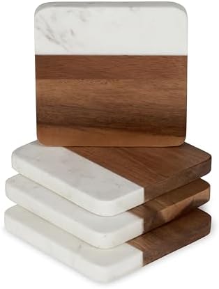 Twine Marble and Acacia Coasters, Modern Square Coasters, Acacia Wood, Marble, Protect Tables and Surfaces, Set of 4 by TWINE