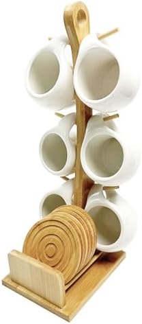 Bamboo Coffee Mug Holder Tree, Ceramic Coffee Cup Shelf Set 6 Piece Creative Cup Stand and Saucer Combination Coffee Mugs Kitchen Shelf Set (5x6.1x14.8) by Unknown