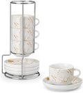 MALACASA 4 OZ Porcelain Espresso Cups with Saucers and Metal Stand Set of 4, Stackable Cappuccino Cups, Marble White Expresso Shots Cup Set for Coffee Drinks, Latte, Tea by MALACASA