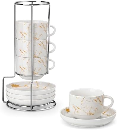 MALACASA 4 OZ Porcelain Espresso Cups with Saucers and Metal Stand Set of 4, Stackable Cappuccino Cups, Marble White Expresso Shots Cup Set for Coffee Drinks, Latte, Tea by MALACASA