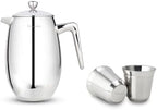 Easyworkz Nando French Press 34 oz, Bundled Stainless Steel Espresso Cup 2pcs Set Double Wall Insulated Metal Demitasse Cups 5 oz by Easyworkz