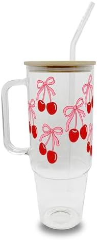 Sip-Sip Hooray! Coquette Cherry Bow 40oz Glass Tumbler with Lid and Straw by Sip-SipHooray