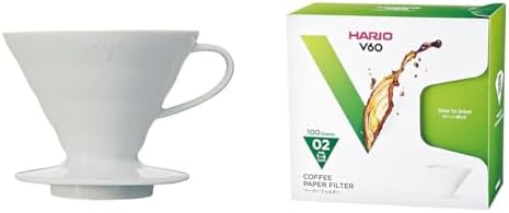 Hario V60 Ceramic Coffee Dripper Pour Over Cone Coffee Maker Size 02, White & V60 Paper Coffee Filters Single Use Pour Over Cone Filters Size 02 White, Boxed, 100 count by Unknown