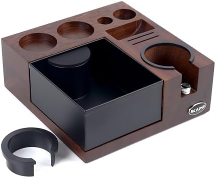 IKAPE V5 Espresso Knock Box, Espresso Coffee Organizer Box Fit for Storage 51, 54, 58MM Espresso Tamper, Distributor, Portafilter & Puck Screen Accessories, Natural Walnut Station Base(9 IN One) by IKAPE
