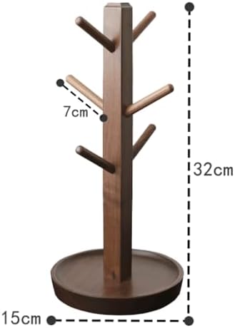 Solid Black Walnut Mug Tree, 6-Hook Wooden Coffee Cup Holder with Drip-Catch Base Non-Slip Feet Vertical Storage Stand Dish Racks - Image 2